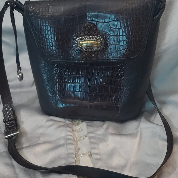 Brighton Handbags - BRIGHTON Crossbody Shoulder Bag Leather Purse Black & Brown Croc Embossed 10”x9”